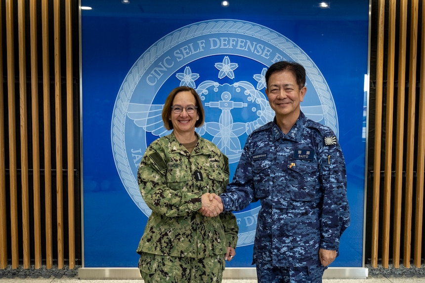 YOKOSUKA, Japan (Nov. 23, 2023) – Chief of Naval Operations Adm. Lisa Franchetti meets with Japanese Maritime Self-Defense Force Vice Adm. Akira Saito, commander in chief of Self-Defense Fleet, during a visit to Funakoshi Base in Yokosuka, Japan, Nov. 23. Franchetti and Master Chief Petty Officer of the Navy James Honea visited 7th Fleet commands to engage with Sailors and leadership to highlight Franchetti's priority of strengthening the Navy team. (U.S. Navy photo by Chief Mass Communication Specialist Amanda R. Gray)