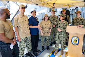 YOKOSUKA, Japan (Nov. 23, 2023) – Chief of Naval Operations Adm. Lisa Franchetti visits with Sailors aboard the Arleigh Burke-class destroyer USS John Finn (DDG 113) during a ship visit, Nov. 23. Franchetti and Master Chief Petty Officer of the Navy James Honea visited John Finn and other 7th Fleet commands to engage with Sailors and Navy leadership to highlight Franchetti's priority of strengthening the Navy team. (U.S. Navy photo by Chief Mass Communication Specialist Amanda R. Gray)