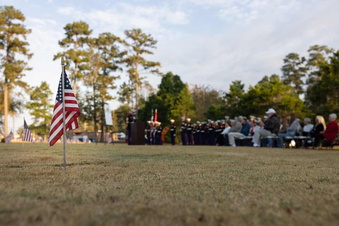 U.S. Marines and their families attend a wreath-laying ceremony in honor of the 3rd Sergeant Major of the Marine Corps, Sgt. Maj. Thomas J. McHugh, at the Coastal Carolina State Veteran’s Cemetery in Jacksonville, North Carolina, Nov. 10, 2023. Since Nov. 10, 1954, wreath-laying ceremonies, honoring former Commandants and Sergeants Major have been conducted at their gravesides and other locations to continue traditions of the Marine Corps birthday. (U.S. Marine Corps photo by Cpl. Antonino Mazzamuto)