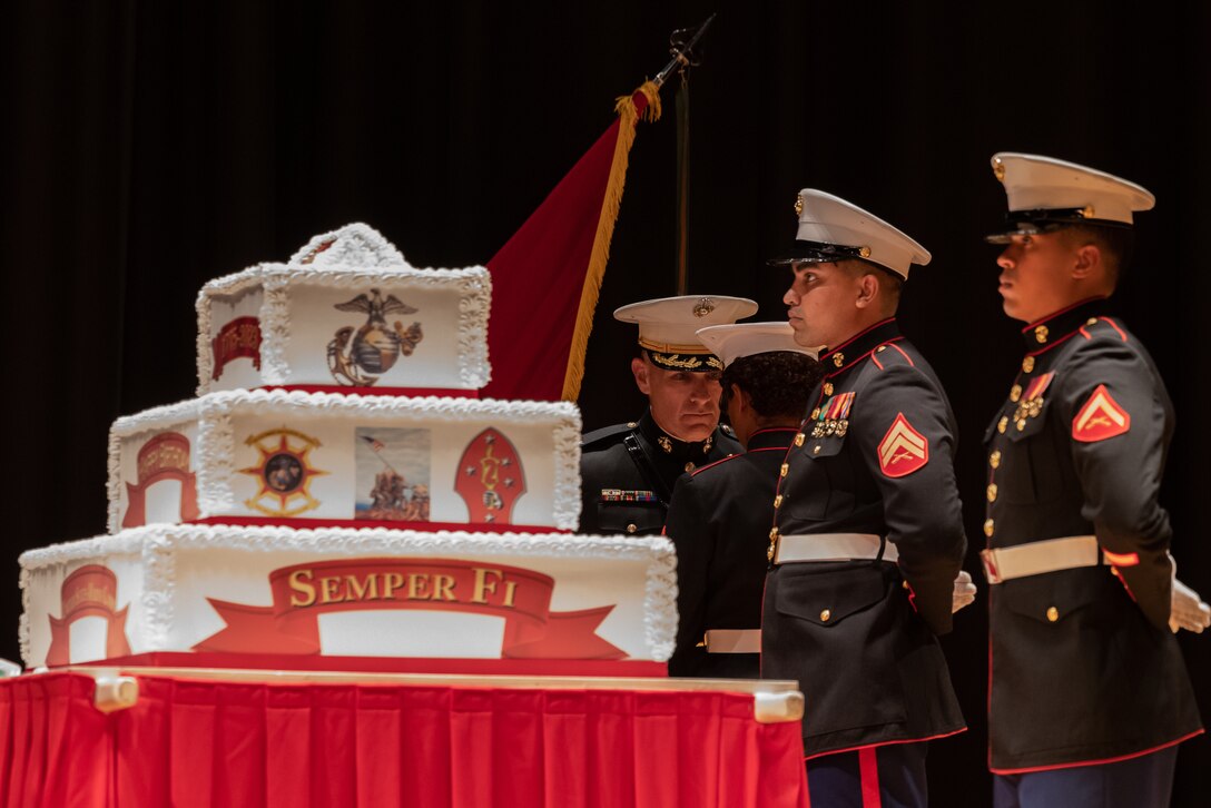 U.S. Marines with Marine Corps Installations East-Marine Corps Base (MCB) Camp Lejeune participate in a cake cutting ceremony on MCB Camp Lejeune, North Carolina, Nov. 9, 2023. A celebration of the 248th Marine Corps birthday was held to reflect on the traditions, history and legacy of the Marine Corps. (U.S. Marine Corps photo by Cpl. Jennifer E. Douds)