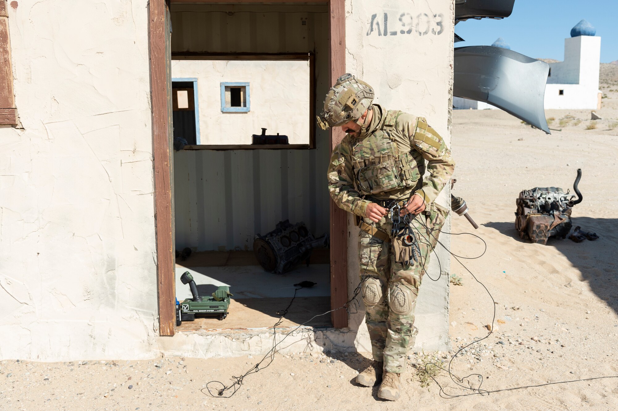 The Explosive Ordnance Disposal flight from the 812th Civil Engineer Squadron recently teamed up with the Army’s C Company, 2916th Aviation Battalion, “Desert Dustoff,” for an intensive series of training exercises at the National Training Center at Fort Irwin, California, October 2023.