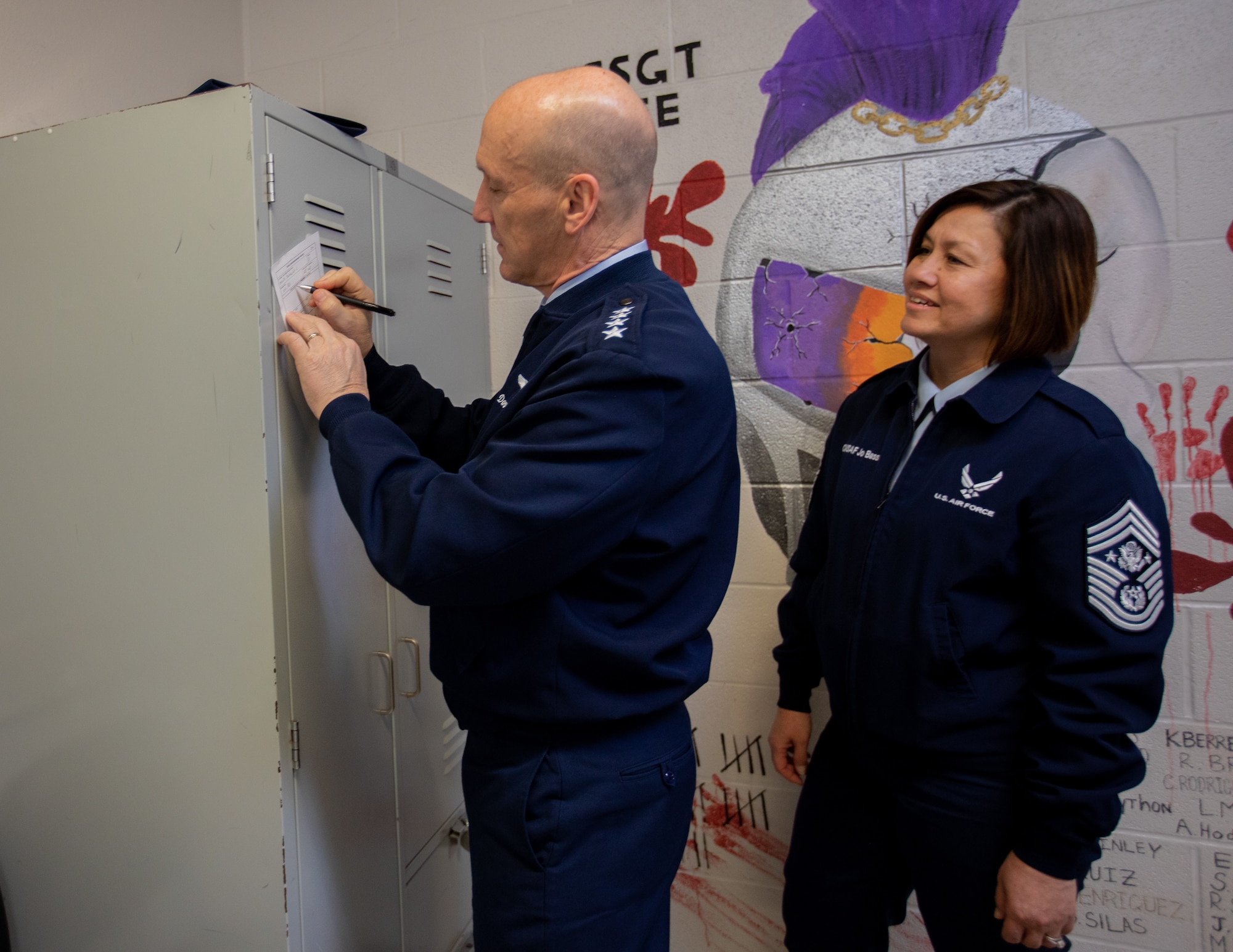 Gen. David W. Allvin, Chief of Staff of the Air Force, and Chief Master Sergeant of the Air Force JoAnne S. Bass visited Joint Base San Antonio-Lackland, Texas, Nov. 22. During their visit the leadership team toured a Basic Military Training dormitory. While there observing a trainee’s bed and locker area, Allvin decided to “pull a 341” for the trainee who is only in their second week of training. He indicated on the 341 that “this is impressive … keep pushing” and signed it “CSAF #23.”  The 341 is used in BMT to document performance discrepancies and excellence. (U.S. Air Force photo by Gregory T. Walker)