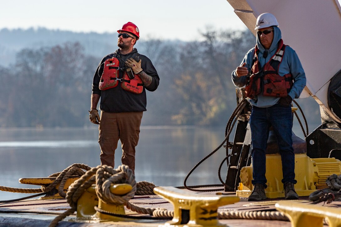 Contractors working for the U.S. Army Corps of Engineers Pittsburgh District install a 23-foot-tall concrete shaft enclosure weighing approximately 120,000 pounds as part of the guard wall at the Monongahela River Locks and Dam 4 in Charleroi, Pennsylvania, Nov. 16, 2023.