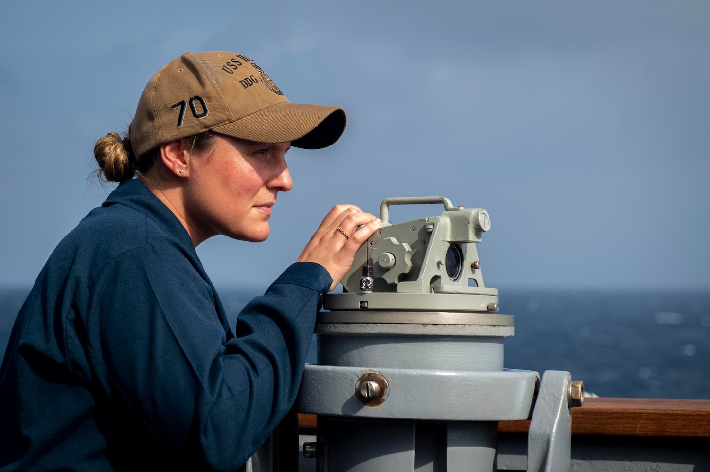 231125-N-EE352-2109

SOUTH CHINA SEA (Nov. 25, 2023) – Lt. j.g. Gianna Buenavista, from Alamo, California, observes with an alidade telescope in the portside bridge lookout aboard the Arleigh Burke-class guided-missile destroyer USS Hopper (DDG 70) while conducting routine underway operations. Hopper is forward-deployed to the U.S. 7th Fleet area of operations in support of a free and open Indo-Pacific. (U.S. Navy photo by Mass Communication Specialist 2nd Class Leon Vonguyen)