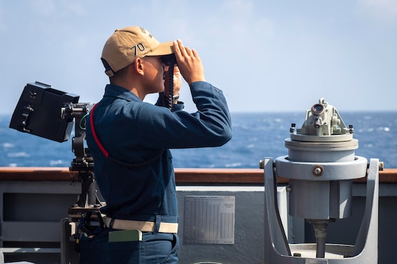 231125-N-EE352-2050

SOUTH CHINA SEA (Nov. 25, 2023) – Ensign Isaac Cho, from Oxnard, California, stands watch in the portside bridge lookout aboard the Arleigh Burke-class guided-missile destroyer USS Hopper (DDG 70) while conducting routine underway operations. Hopper is forward-deployed to the U.S. 7th Fleet area of operations in support of a free and open Indo-Pacific. (U.S. Navy photo by Mass Communication Specialist 2nd Class Leon Vonguyen)