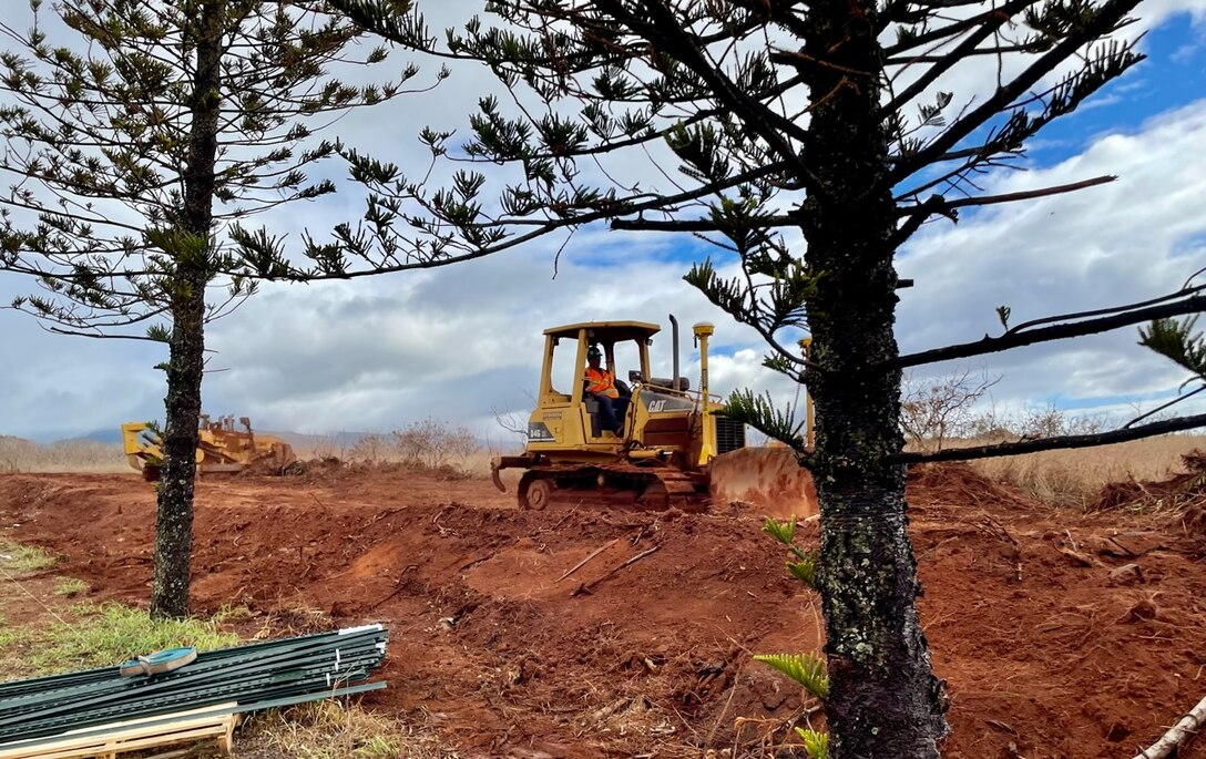 U.S. Army Corps of Engineers contractors prepare a site for construction of a new temporary elementary school campus for the Lahaina, Hawai'i, community, Nov. 20, 2023, after receiving the Notice to Proceed earlier in the day.