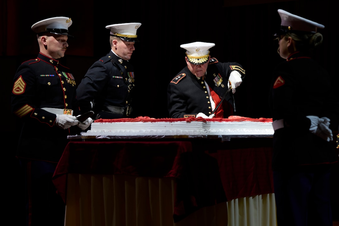 U.S. Marine Corps Maj. Gen. Robert B. Sofge Jr., commander of U.S. Marine Corps Forces Europe and Africa, cuts the birthday cake during the 248th Marine Corps ball ceremony hosted at Kurhaus, Baden-Baden, Germany, Nov. 18, 2023. Every year, Marines across the world get together to celebrate and honor the history and legacy of the United States Marine Corps. (U.S. Marine Corps photo by Lance Cpl. Mary Linniman)