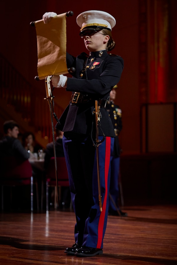 U.S. Marine Corps 1st Lt. Skye Ciaccio, adjutant with U.S. Marine Corps Forces Europe and Africa, reads Gen. John A. Lejeune’s birthday message during the 248th Marine Corps ball ceremony hosted at Kurhaus, Baden-Baden, Germany, Nov. 18, 2023. Every year, Marines across the world get together to celebrate and honor the history and legacy of the United States Marine Corps. (U.S. Marine Corps photo by Lance Cpl. Mary Linniman)