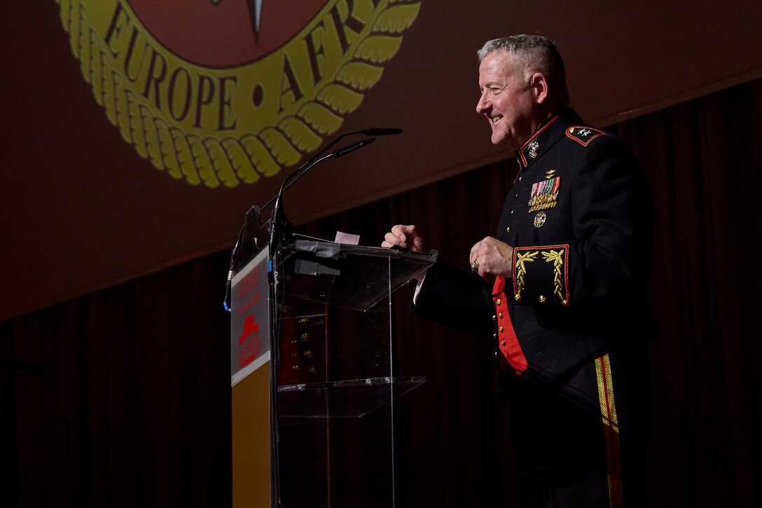 U.S. Marine Corps Maj. Gen. Robert B. Sofge Jr., commander of U.S. Marine Corps Forces Europe and Africa, gives a speech during the 248th Marine Corps ball hosted at Kurhaus, Baden-Baden, Germany, Nov. 18, 2023. Every year, Marines across the world get together to celebrate and honor the history and legacy of the United States Marine Corps. (U.S. Marine Corps photo by Lance Cpl. Mary Linniman)