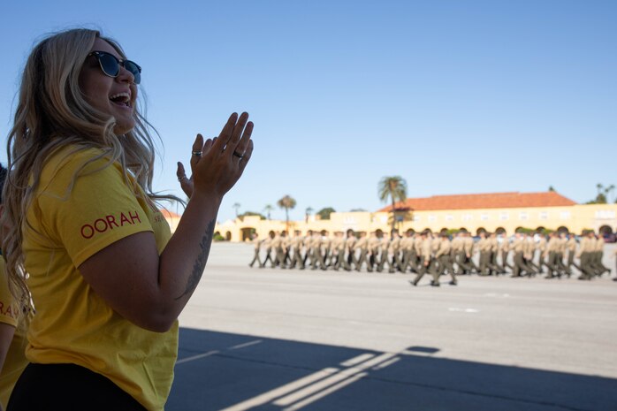 Family and friends of the new U.S. Marines with Golf Company, 2nd Recruit Training Battalion, wait patiently to greet their Marines for family day at Marine Corps Recruit Depot San Diego, Nov. 20, 2023. After a long, 13 weeks of physical and mental challenges, early mornings, letters to and from home, this is the first time friends and families will see their newly transformed Marines. (U.S. Marine Corps photo by Lance Cpl. Sarah M. Grawcock)