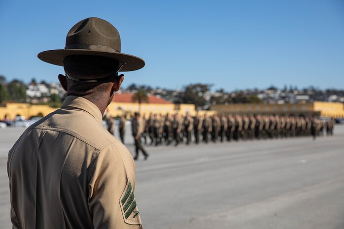 New U.S. Marines with Golf Company, 2nd Recruit Training Battalion, march in formation during the family day ceremony at Marine Corps Recruit Depot San Diego, Nov. 20, 2023. After a long, 13 weeks of physical and mental challenges, early mornings, letters to and from home, this is the first time friends and families will see their newly transformed Marines. (U.S. Marine Corps photo by Lance Cpl. Sarah M. Grawcock)