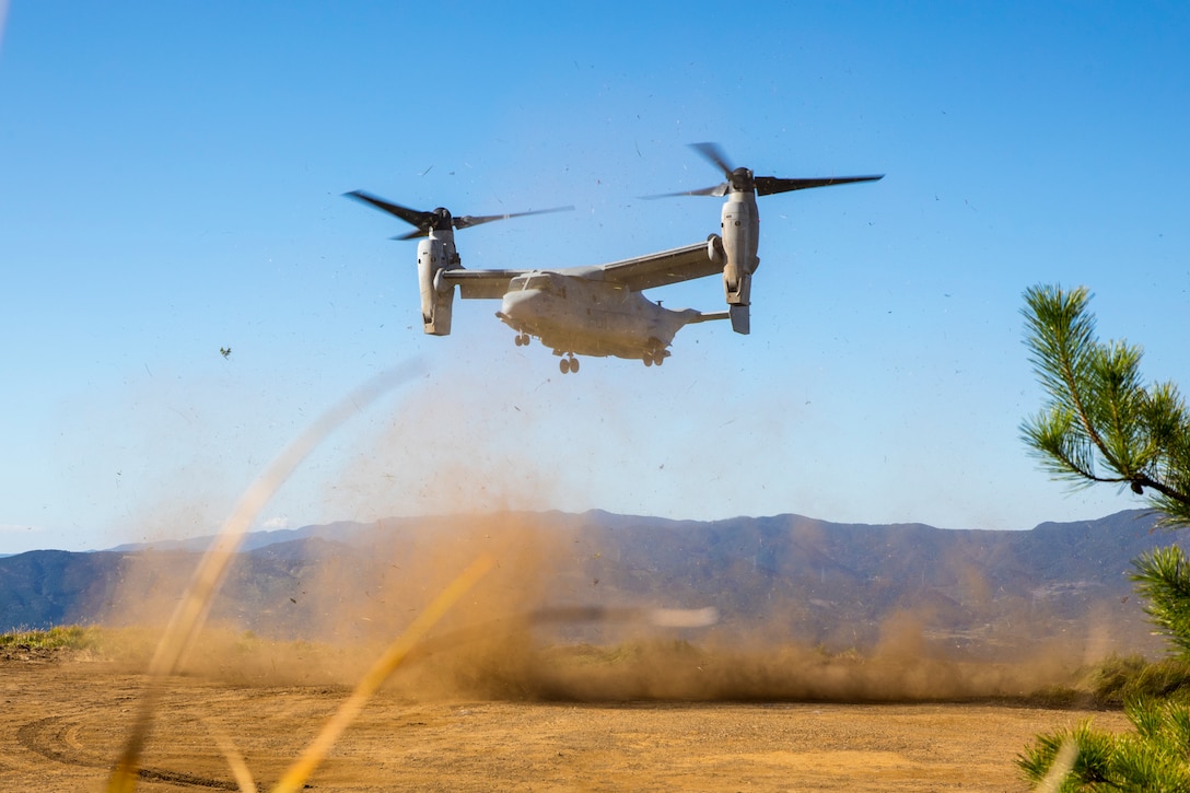 A U.S. Marine Corps MV-22B Osprey tiltrotor aircraft with Marine Medium Tiltrotor Squadron 262, Marine Aircraft Group 36, 1st Marine Aircraft Wing, lands on a newly cleared landing zone during the field training exercise portion of Resolute Dragon 23 at Japan Ground Self-Defense Force Kirishima Training Center, Japan, Oct. 23, 2023. RD 23 is an annual bilateral exercise in Japan that strengthens the command, control, and multi-domain maneuver capabilities of Marines in III Marine Expeditionary Force and allied Japan Self-Defense Force personnel.