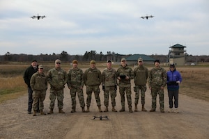 The 133rd Security Forces Squadron out of St. Paul, Minnesota, completed initial training for the Skydio X2D drone at Camp Ripley Training Center in Little Falls, Minnesota, Nov. 13-15, 2023. The eight enlisted Airmen are the first National Guard troops to become certified on the X2D drone.