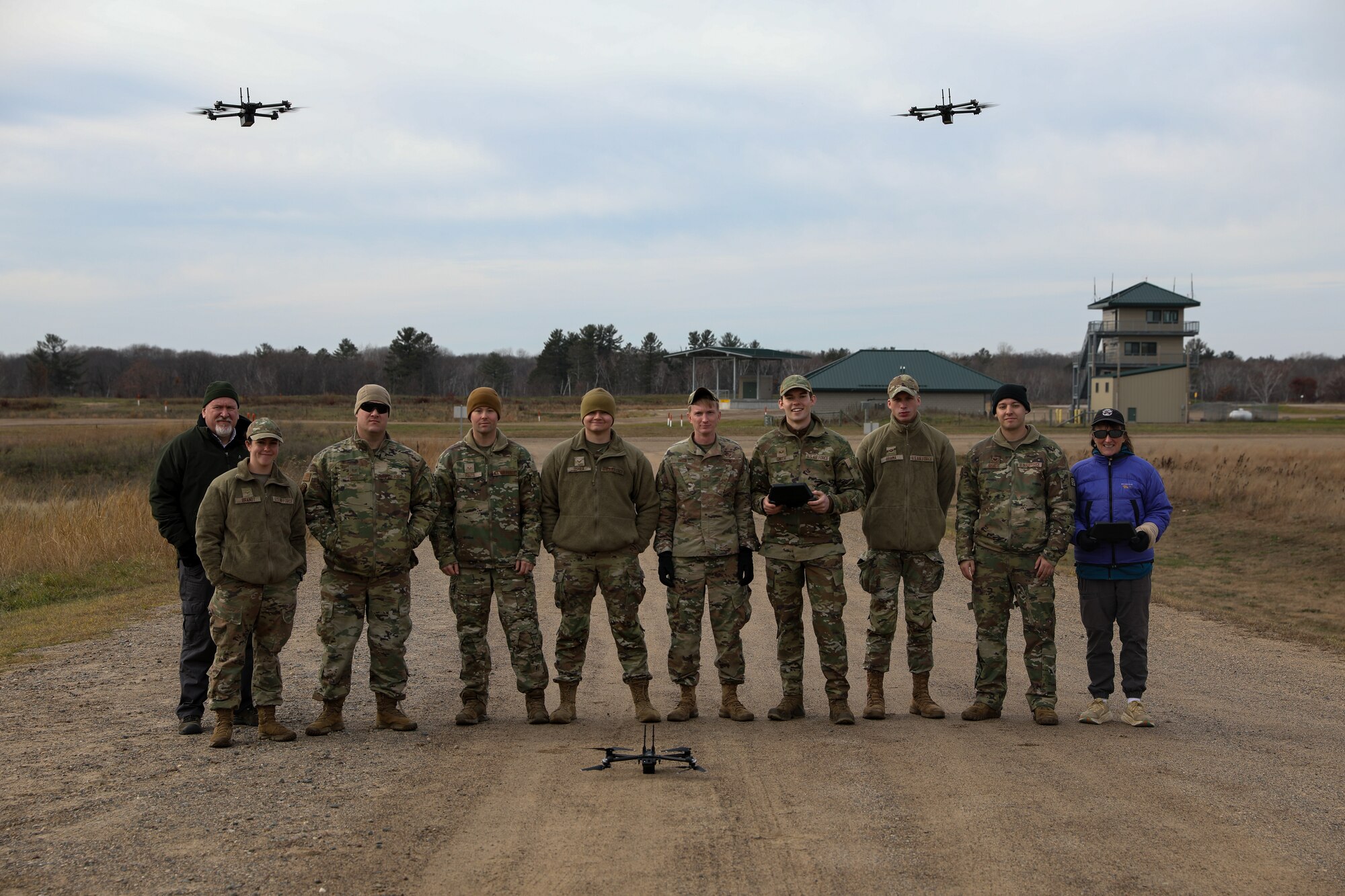 The 133rd Security Forces Squadron out of St. Paul, Minnesota, completed initial training for the Skydio X2D drone at Camp Ripley Training Center in Little Falls, Minnesota, Nov. 13-15, 2023. The eight enlisted Airmen are the first National Guard troops to become certified on the X2D drone.