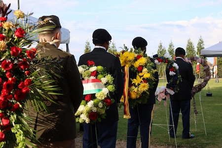 Soldiers await escorting wreaths to the German and Italian cemeteries on Fort Eisenhower on Nov. 19, 2023 in memorial to the POWs who perished while in captivity.