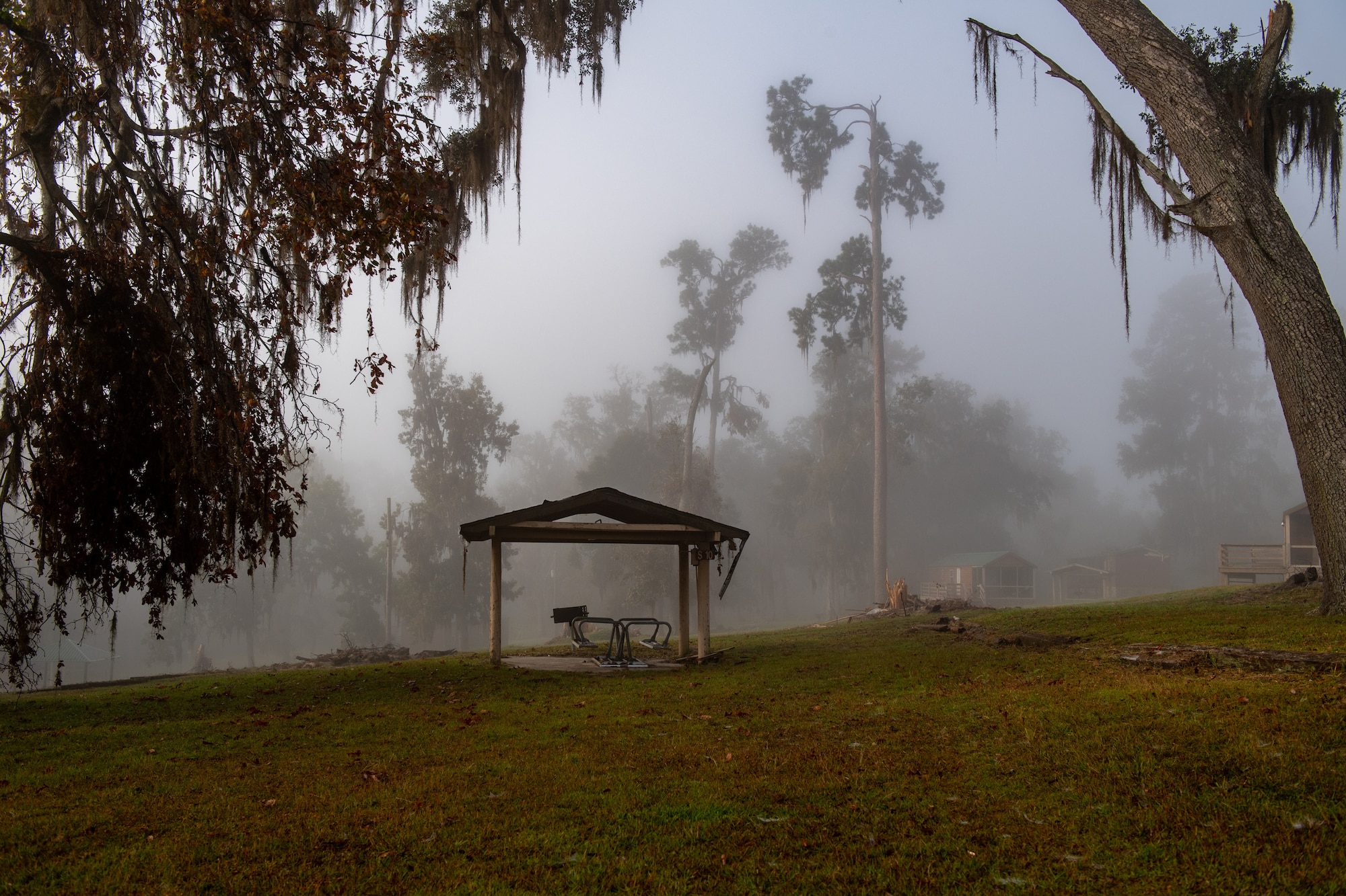 A damaged picnic pavilion sits at Grassy Pond in Lake Park, Georgia, Oct. 30, 2023. The recreation area has been affiliated with Moody Air Force Base, Georgia, since 1952 when the U.S. Fish and Wildlife Service granted Moody AFB the right to maintain a rest camp and fishing area on the grounds.
Hurricane Idalia heavily affected Grassy Pond on Aug. 30, 2023. (U.S. Air Force photo by Senior Airman Courtney Sebastianelli)