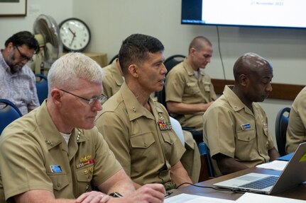 Joint Task Force-Red Hill (JTF-RH) Commander, U.S. Navy Vice Adm. John Wade, left, U.S. Indo-Pacific Command Mobilization Assistant to the Commander, U.S. Marine Corps Maj. Gen. Mark Hashimoto, middle, and Navy Region Hawaii/Navy Closure Task Force-Red Hill Commander, U.S. Navy Adm. Steve Barnett provide a defueling update to members of the Commission on Water Resource Management committee at the Department of Land and Natural Resources Honolulu, Hawaii, Nov. 21, 2023.