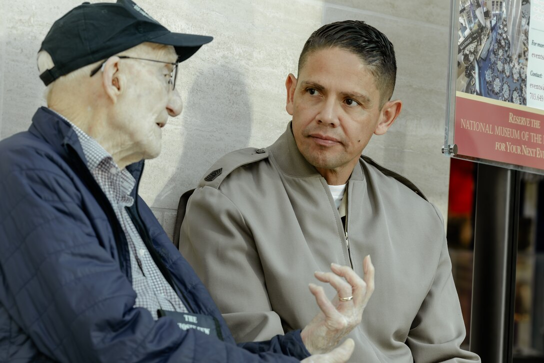 The 20th Sergeant Major of the Marine Corps, Sgt. Maj. Carlos A. Ruiz, speaks with a U.S. Marine Corps Korean War veteran during a reunion for those who fought at the Battle of the Chosin Reservoir at the Marine Corps Museum in Triangle, VA on Nov. 2, 2023. Veterans of the Battle of Chosin Reservoir, also known as The Chosin Few, traveled from across the country to meet with other Marines who fought by their side. (U.S. Marine Corps photo by Staff Sgt. Kelsey Dornfeld)