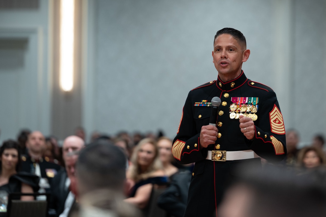 U.S. Marine Corps Sgt. Maj. Carlos Ruiz, 20th Sergeant Major of the Marine Corps, speaks at the U.S. Marine Corps Training and Education Command’s 248th birthday ball at the Crystal Gateway Marriott, Arlington, Virginia, on Nov. 4, 2023. The Marine Corps birthday ceremony honors the history, legacy and traditions passed down from generations of Marines since the founding of the Marine Corps on Nov. 10, 1775. (U.S. Marine Corps photo by Lance Cpl. Steven Wells)