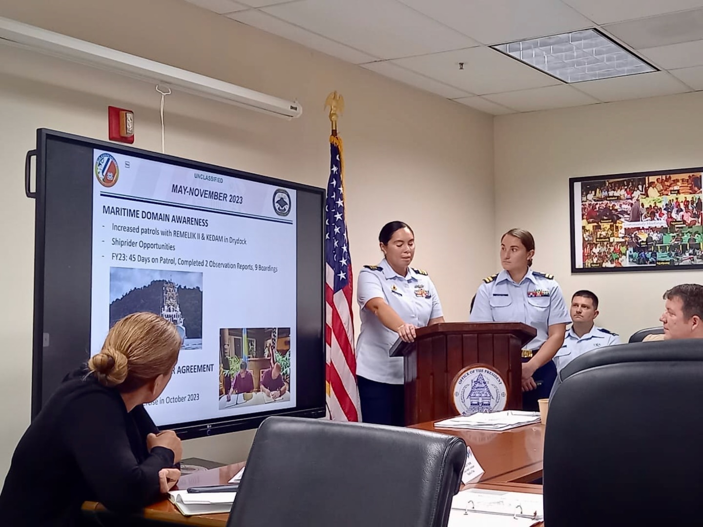 Lt. Cmdr. Christine Igisomar and Lt. Anna Vaccaro present for the U.S. Coast Guard at the Joint Committee Meeting in Koror, Palau, in November 2023. In an enduring commitment to regional stability and cooperative security, U.S. Coast Guard Forces Micronesia/Sector Guam personnel participated in a bilateral Joint Committee Meeting (JCM) with the Republic of Palau, alongside U.S. Indo-Pacific Command (INDOPACOM) and the U.S. Department of State representatives in Palau from Nov. 14-17, 2023. (U.S. Coast Guard photo)