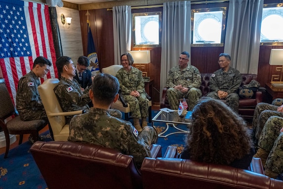 BUSAN, Republic of Korea (Nov. 24, 2023) - Chief of Naval Operations Adm. Lisa Franchetti and Master Chief Petty Officer of the Navy James Honea meet with Republic of Korea Chief of Naval Operations Adm. Yang Yong-mo aboard the Nimitz-class aircraft carrier USS Carl Vinson (CVN 70) while the ship is in Busan, Republic of Korea for a port visit, Nov. 24. Franchetti and Honea visited Vinson and other 7th Fleet commands to engage with Sailors and Navy leadership to highlight Franchetti's priority of strengthening the Navy team. (U.S. Navy photo by Chief Mass Communication Specialist Amanda R. Gray)