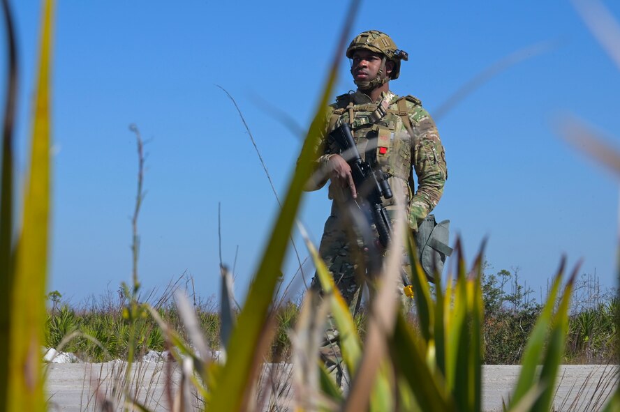 Airmen participate in bivouac training.