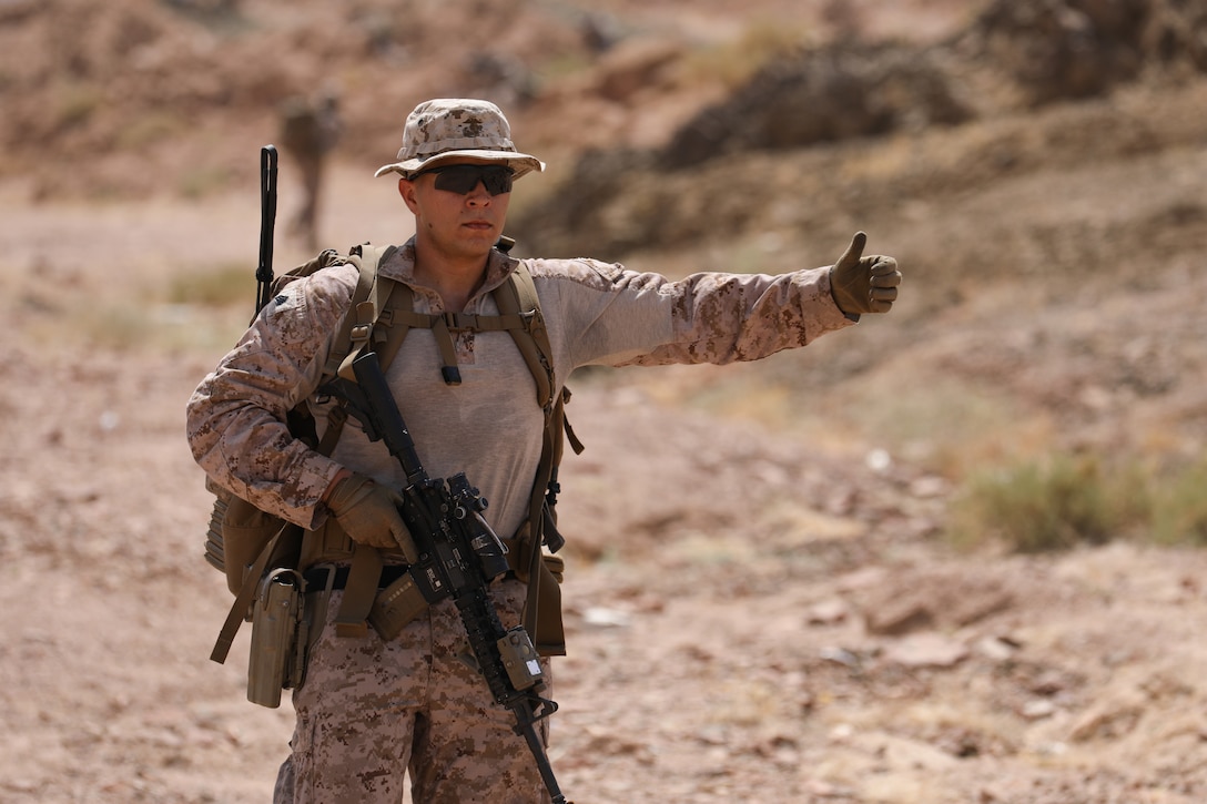 CAMP BADGER, Jordan (Aug. 16, 2023) U.S. Marine Corps Sgt. Manuel Pastrana, assigned to Fleet Anti-Terrorism Security Team Central Command (FASTCENT), participates in patrol operations during exercise Infinite Defender 23 in Jordan, Aug. 16, 2023. Infinite Defender is an annual, bilateral maritime infrastructure protection, explosive ordnance disposal, anti-terrorism force protection, and maritime security exercise between the Jordanian Armed Forces and U.S. Naval Forces Central Command, meant to enhance partnership and interoperability.