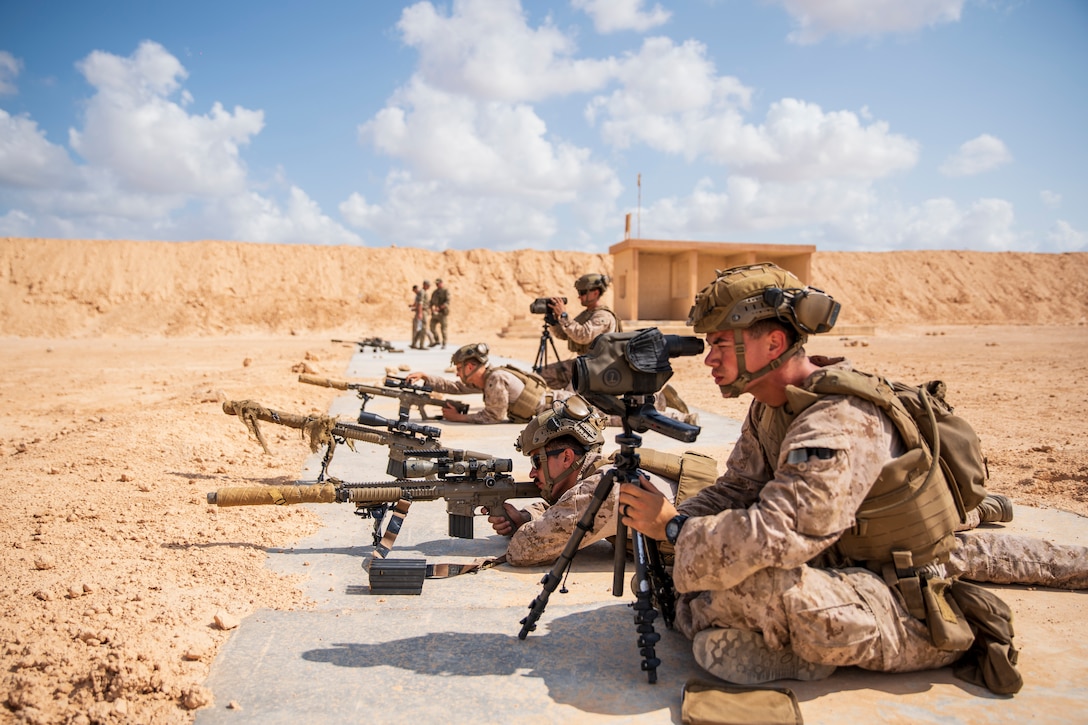 U.S. Marines with Fleet Anti-terrorism Security Team Central Command participate in a designated marksman range during exercise Bright Star 23 at Mohamed Naguib Military Base (MNMB), Egypt, Sept. 3, 2023. Bright Star 23 is a multilateral U.S. Central Command exercise held with the Arab Republic of Egypt across air, land, and sea domains that promotes and enhances regional security and cooperation, and improves interoperability in irregular warfare against hybrid threat scenarios.
