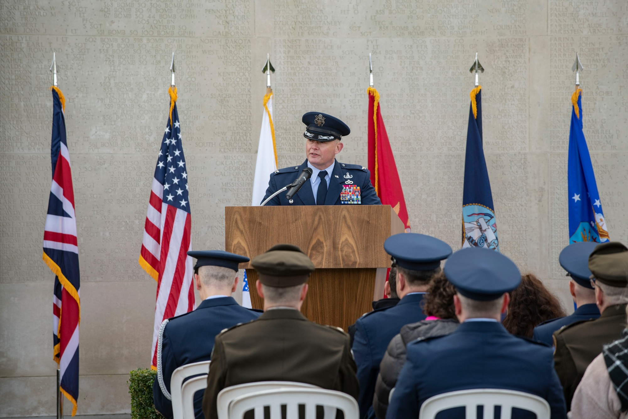 Col. D. Landon Phillips, 501st Combat Support Wing commander, speaks at the Cambridge American Cemetery and Memorial, England