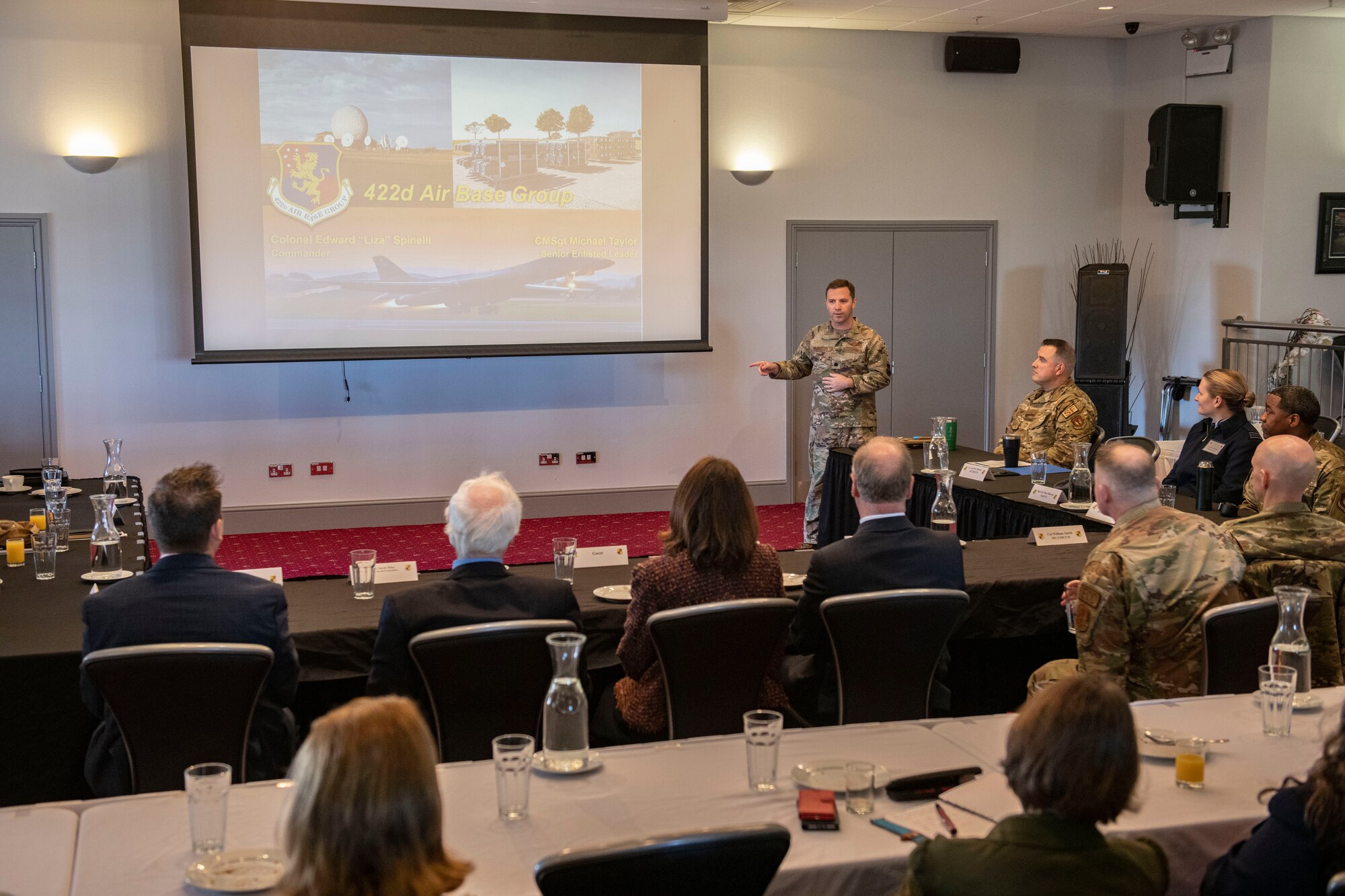 Lt. Col. Gary Morton, 422d Air Base Group deputy commander, speaks to local civic leaders at RAF Croughton