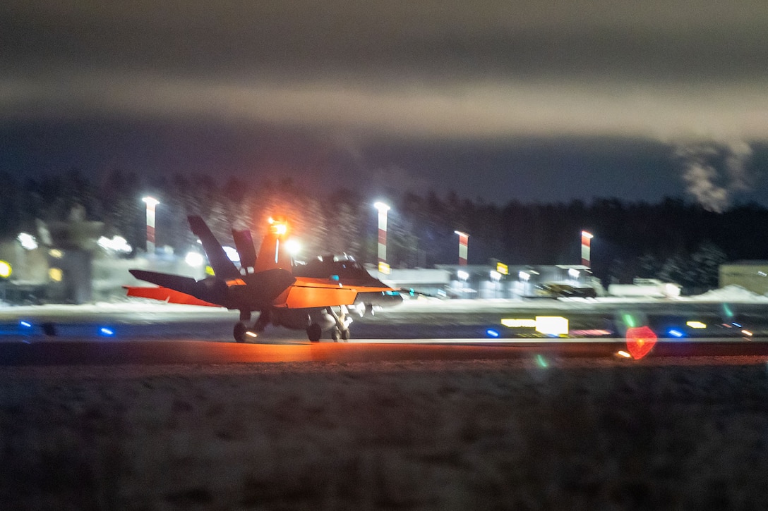 An F/A-18 Hornet lands during a training exercise.