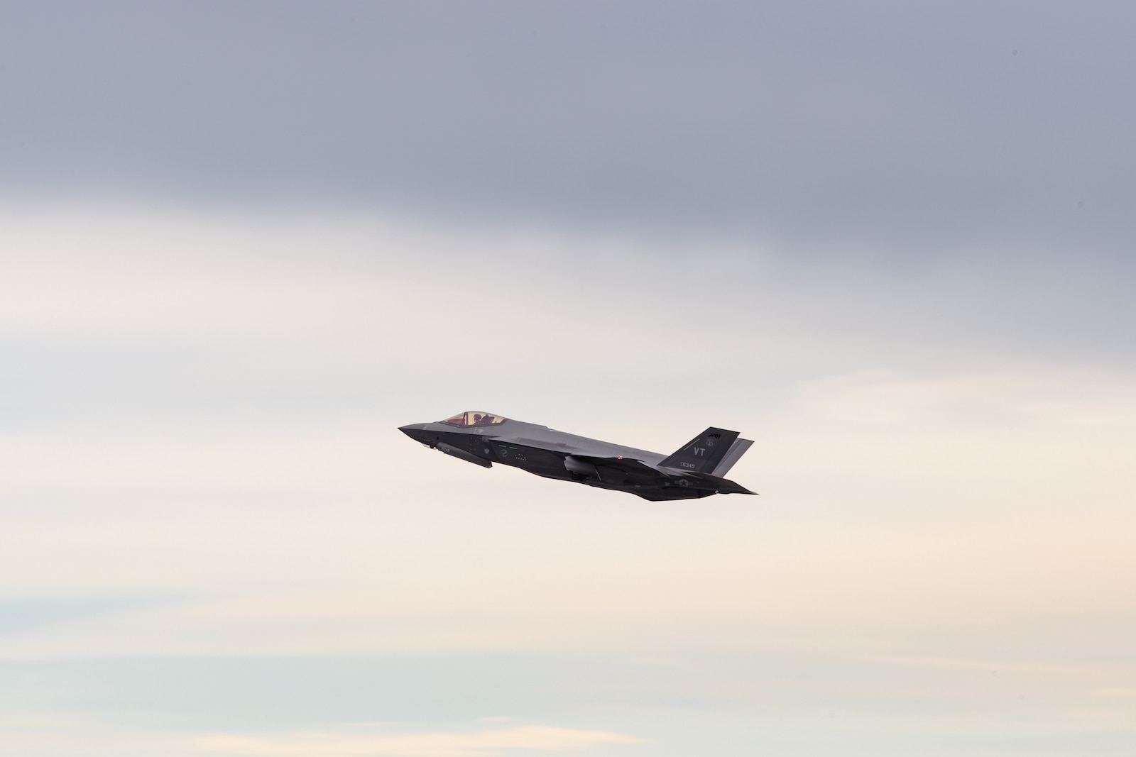 A photo of An F-35A Lightning II aircraft assigned to the 158th Fighter Wing taking off for a training mission from the Vermont Air National Guard Base, South Burlington, Vermont, April 3, 2023.