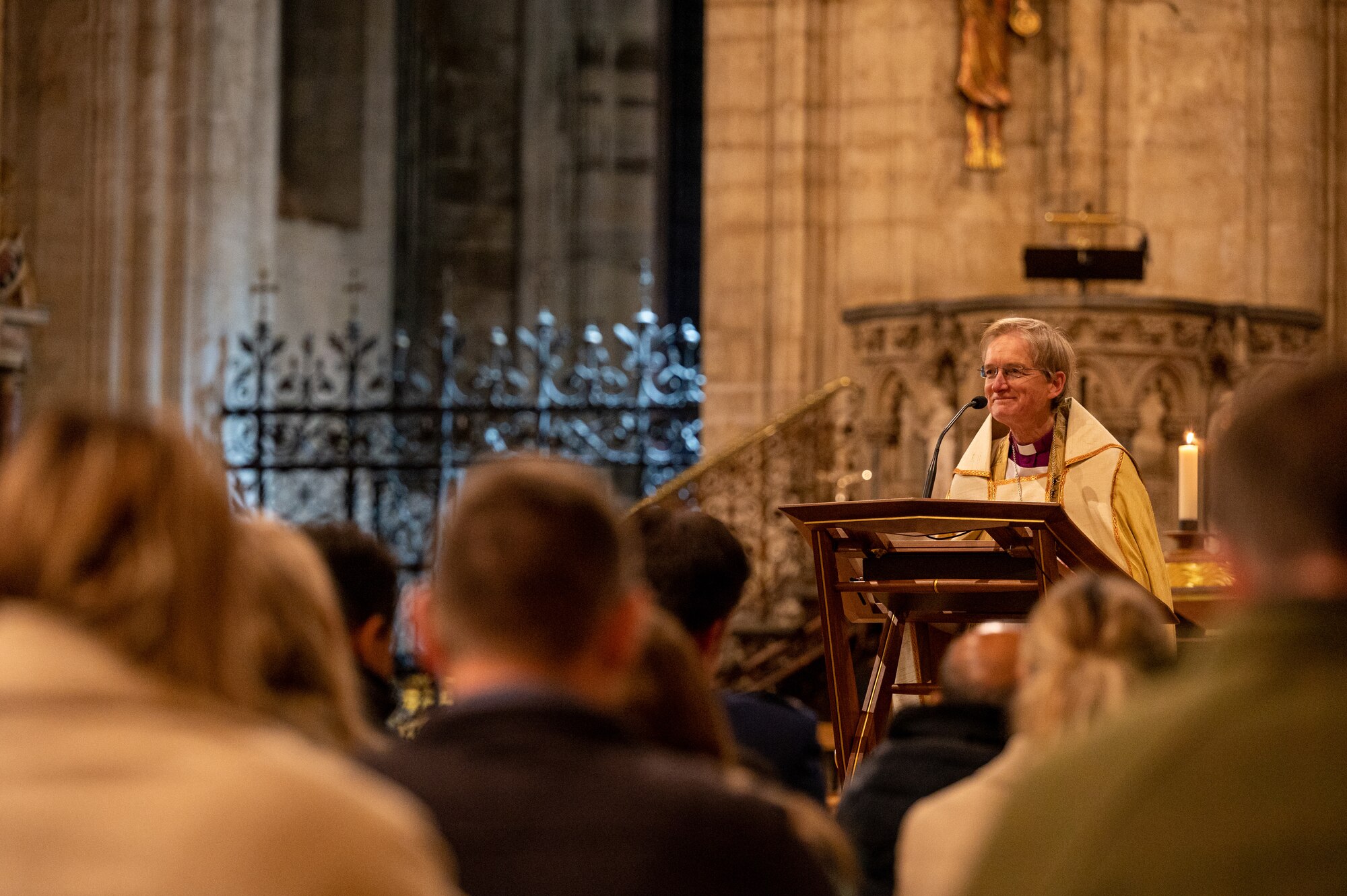 Bishop Dagmar Winter, acting Bishop of Ely, speaks to attendees during the annual Thanksgiving Eve service at Ely Cathedral, Ely, England, Nov. 22, 2023.