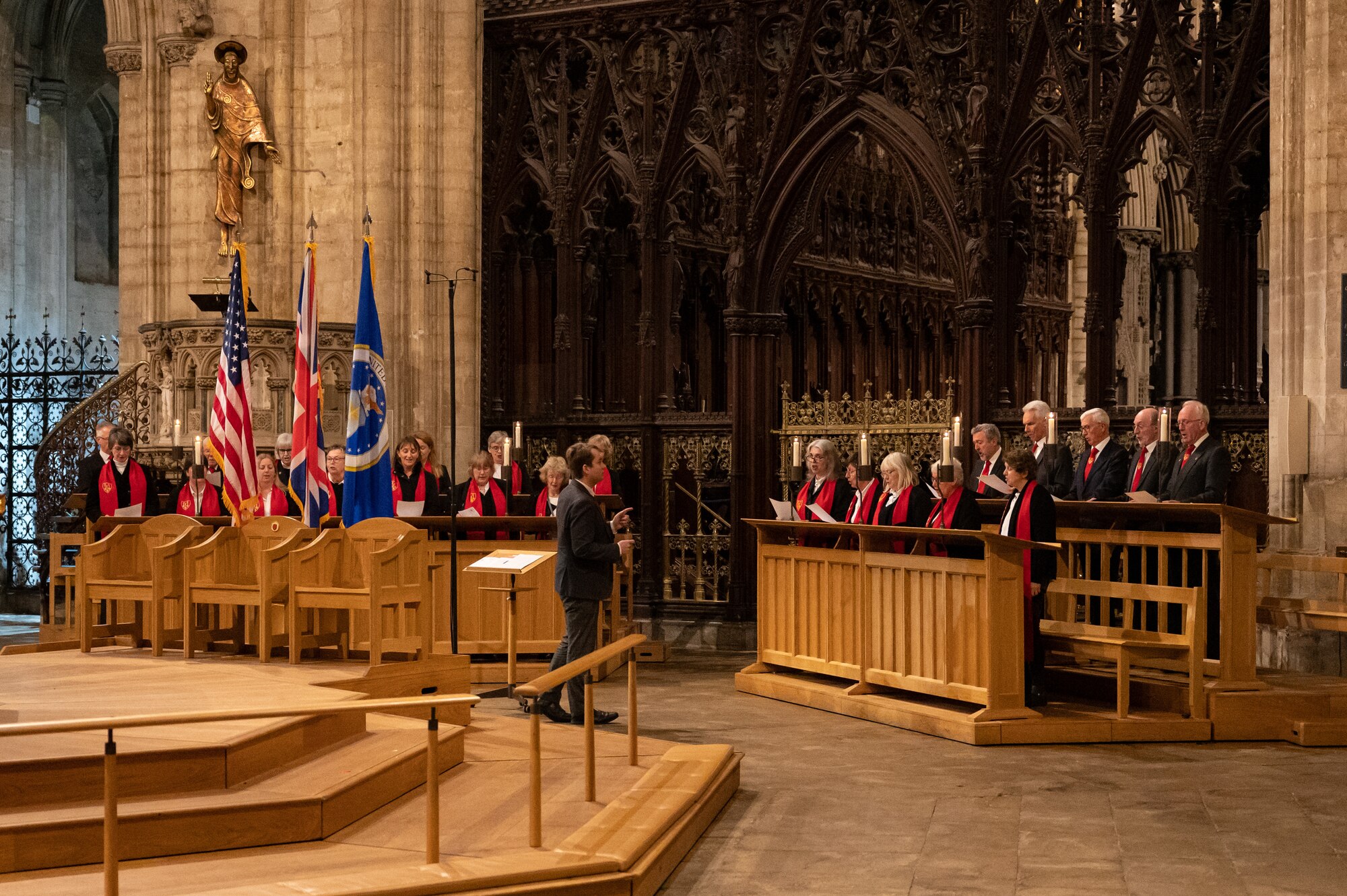 Ely Cathedral Octagon Singers, sing a hymn during the annual Thanksgiving Eve service at Ely Cathedral, Ely, England, Nov. 22, 2023.