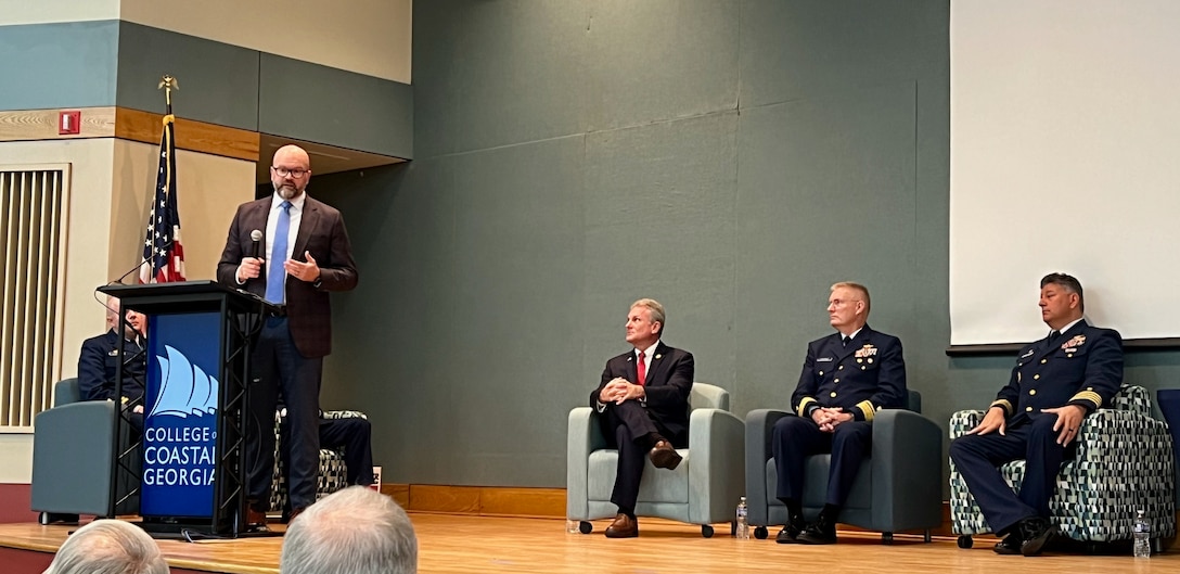 The Coast Guard presents public service awards to maritime partners for their commendable actions during the motor vessel Golden Ray capsizing and subsequent response during a ceremony, Oct. 27, 2023, at the Southeast Georgia Conference Center.