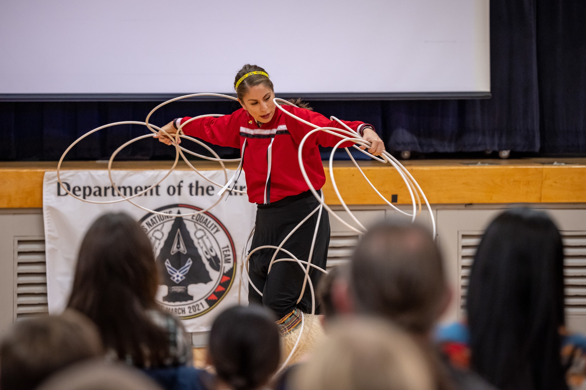 Rachel Secody performs a traditional interpretive dance with hoops during the Native American Heritage Month event