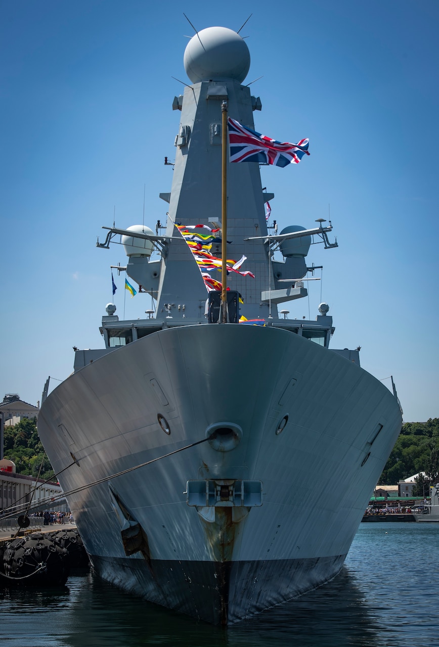 A photo from 2019 of the Royal Navy Daring-class air-defence destroyer HMS Duncan (D37).