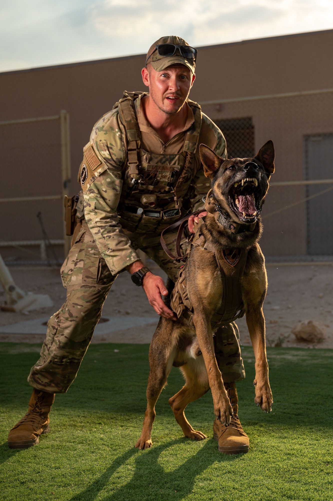 Staff Sgt. Ian McKinney, expeditionary security forces squadron military working dog handler and MWD Sipos, participate in a controlled aggression exercise at an undisclosed location.