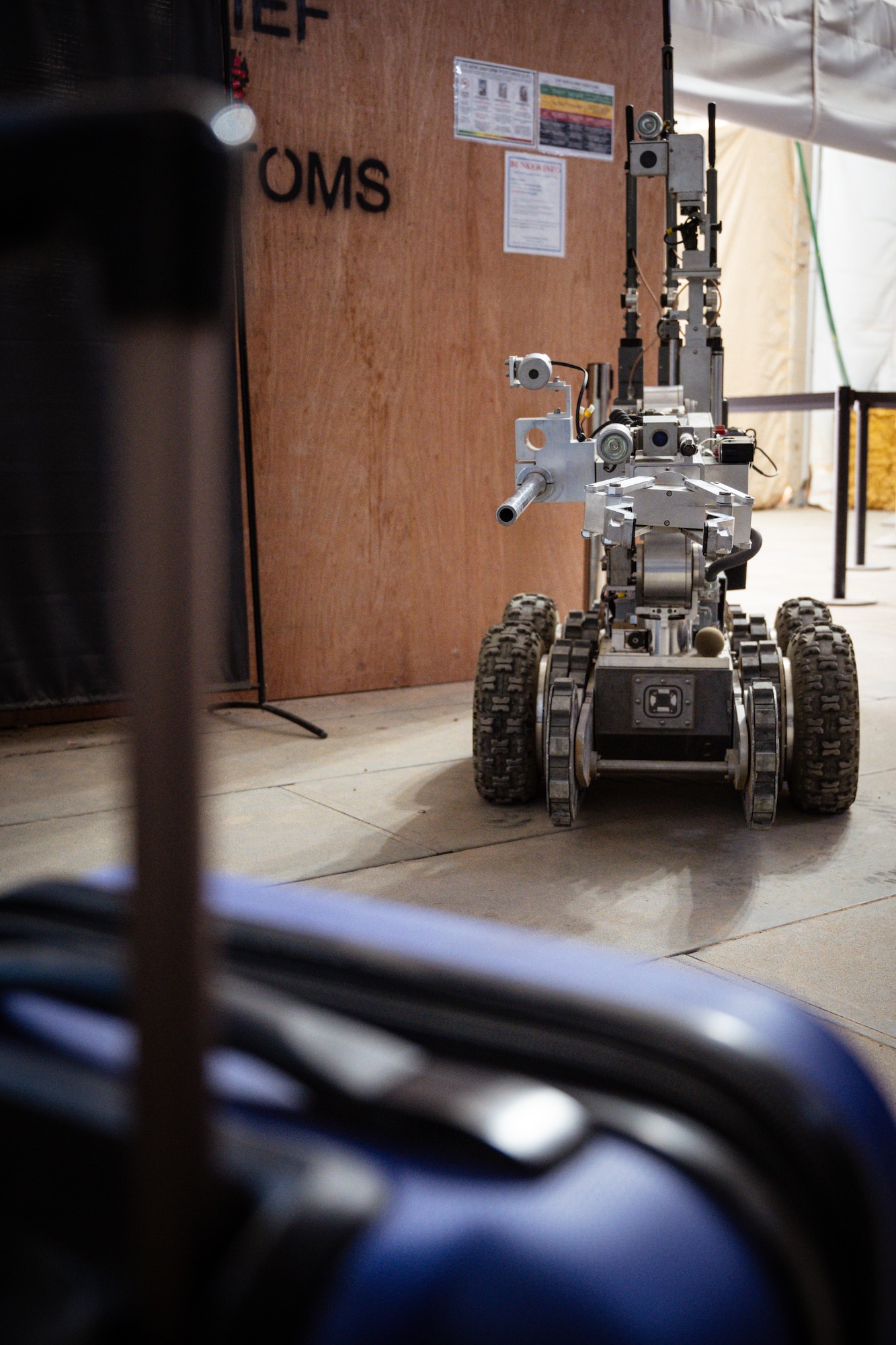 Explosive ordnance disposal robot conducts a suspicious package exercise at an undisclosed location in the U.S. Central Command area of responsibility.