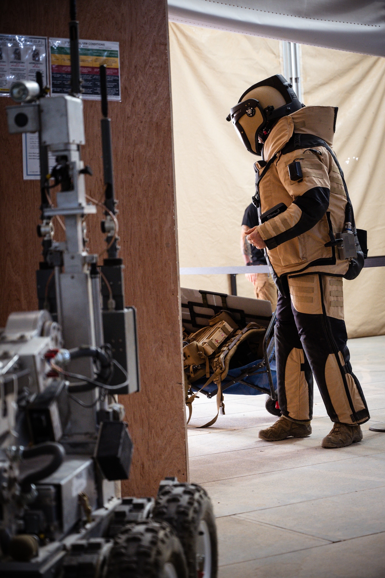 Explosive ordnance disposal Airman conducts a suspicious package exercise at an undisclosed location in the U.S. Central Command area of responsibility.