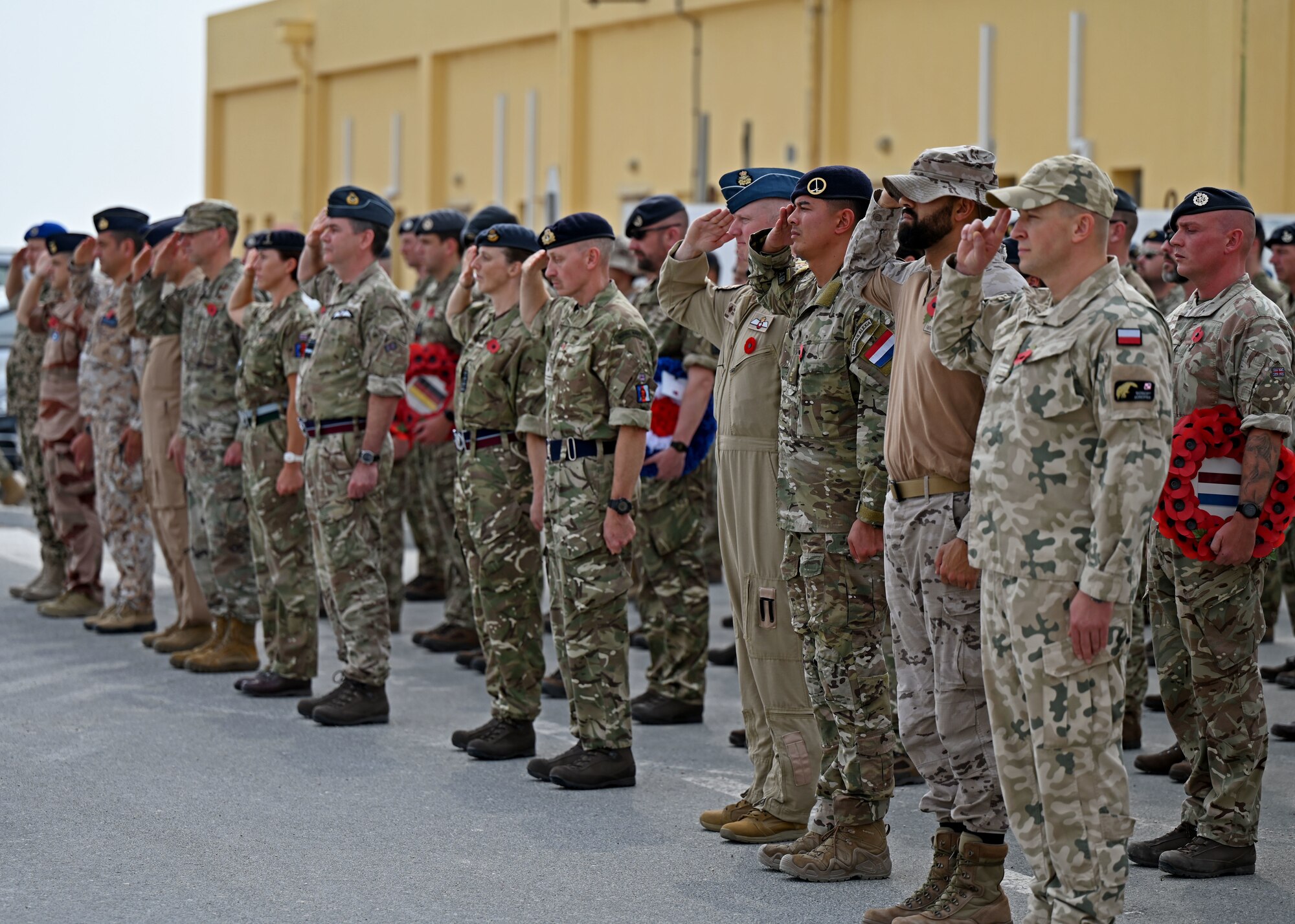 Senior Military officers from nine nations salute during Remembrance Day.