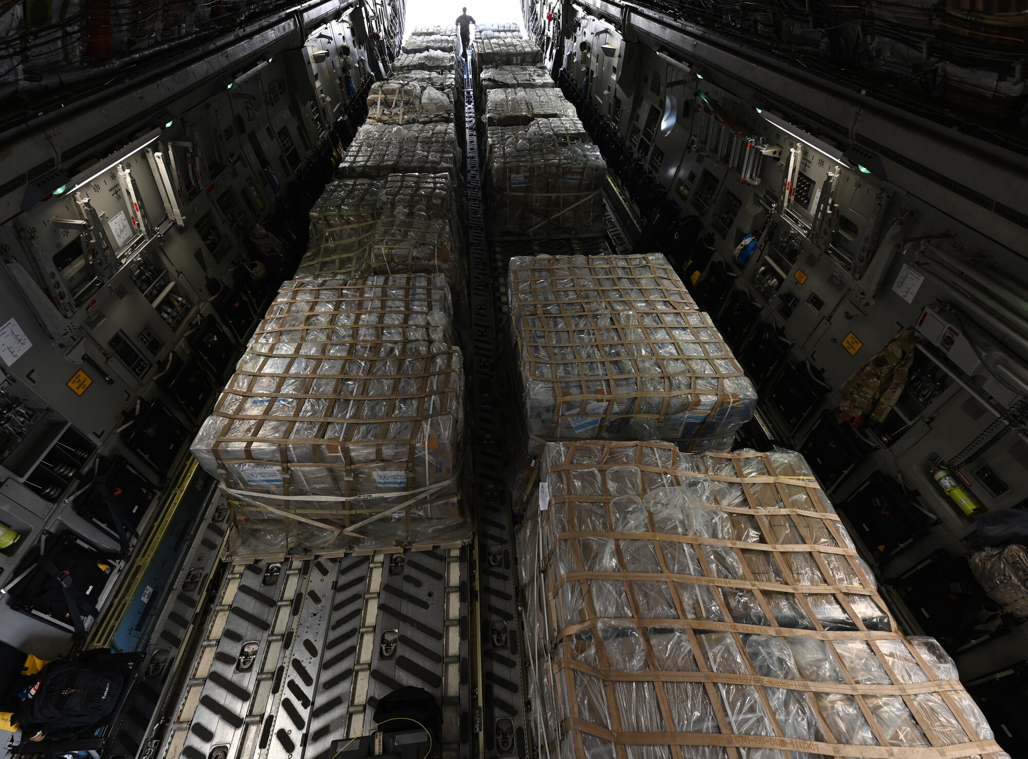 A C-17 carries more than 54,000 pounds of humanitarian supplies, food and nutrition assistance to the people of Gaza from undisclosed locations throughout the Middle East.