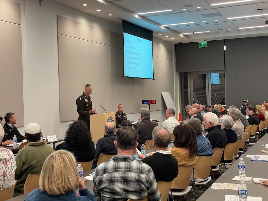 Col. Andrew Baker, Los Angeles District commander, left of center, addresses the more than 200 community members in attendance at the Orange County Conference Center in Santa Ana, California, during the Nov. 6 public meeting for the Santiago Creek flood-risk management project.