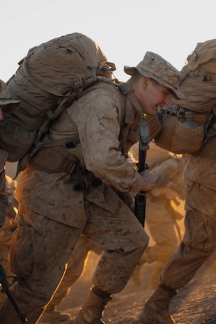 U.S. Marine Corps recruits with Charlie Company, 1st Recruit Training Battalion, run up The Reaper, a Crucible event, at Marine Corps Base Pendleton, California, Nov. 21, 2023. The Reaper is the final portion of The Crucible, which marks the transition of recruit to Marine. (U.S. Marine Corps photo by Lance Cpl. Alexandra M. Earl)
