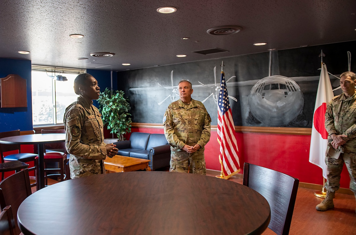 U.S. Air Force Airman speaks to base leadership