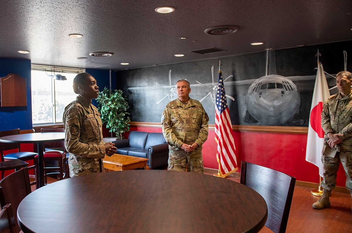 U.S. Air Force Airman speaks to base leadership