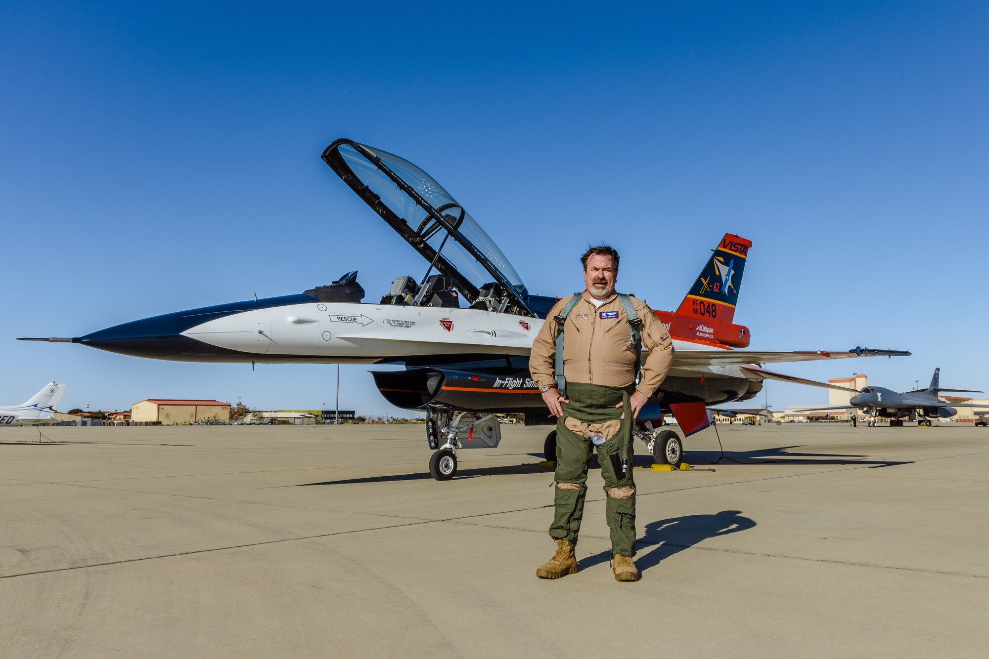 Dr. Christopher Cotting, the former director of research at the Air Force Test Pilot School, became only the eighth honorary graduate in TPS history. Cotting received his "fini-flight" onboard the X-62A Variable In-flight Simulation Test Aircraft, Nov. 8. Cotting played an integral role in the modernization and upgrade of the VISTA during his tenure at TPS. (Air Force photo by Lindsey Iniguez)