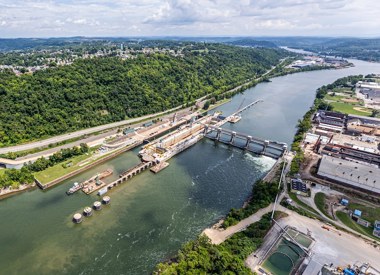 An aerial view of a lock and dam facility on the Monongahela River.
