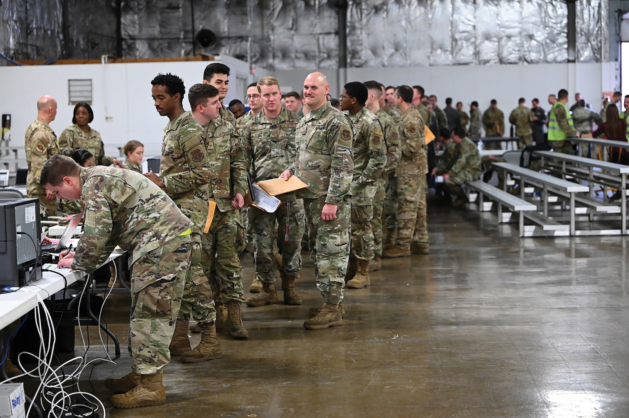 The 445th Airlift Wing, an Air Force Reserve unit assigned to Wright-Patterson Air Force Base, Ohio, prepped and deployed about 140 people, Oct. 27-29, 2023. In addition to personnel, four C-17 Globemaster III aircraft and cargo were used to support these efforts – the wing’s first C-17 force element mobilization. (U.S. Air Force photo/Master Sgt. Patrick O’Reilly)