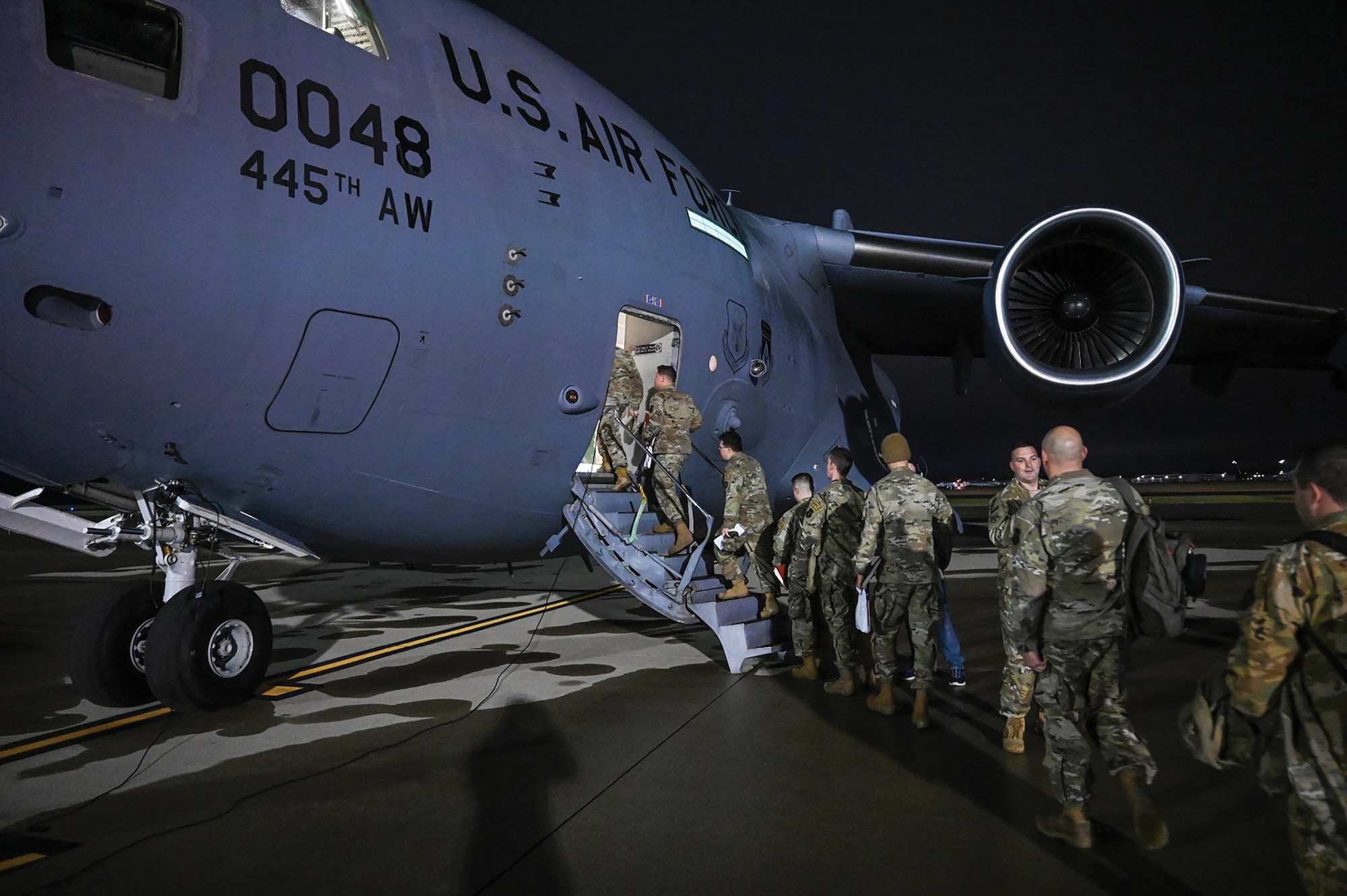 The 445th Airlift Wing, an Air Force Reserve unit assigned to Wright-Patterson Air Force Base, Ohio, prepped and deployed about 140 people, Oct. 27-29, 2023. In addition to personnel, four C-17 Globemaster III aircraft and cargo were used to support these efforts – the wing’s first C-17 force element mobilization. (U.S. Air Force photo/Master Sgt. Patrick O’Reilly)